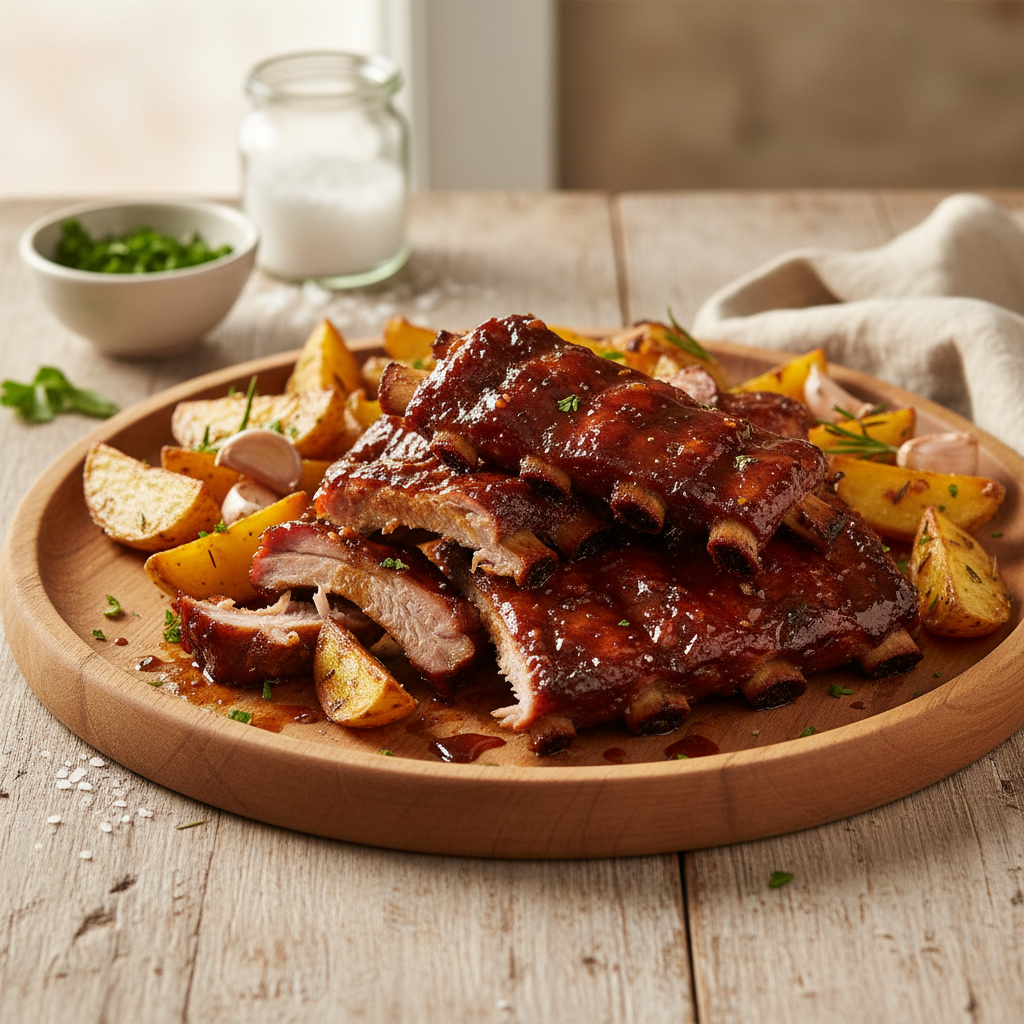 Šonkauliukai orkaitėje su bulvėmis: kris nuo kaulo