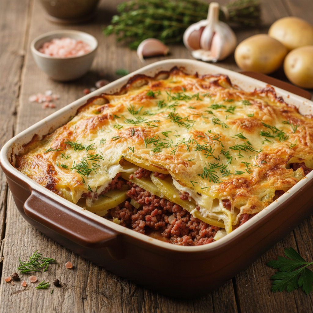 Bulvių apkepas su faršu: receptas sočiai šeimos vakarienei