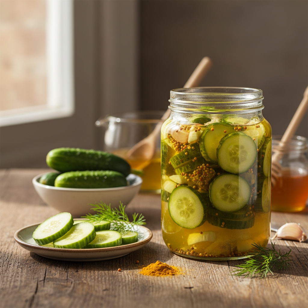 Traškūs agurkai su ciberžole ir medumi: skonis nustebins