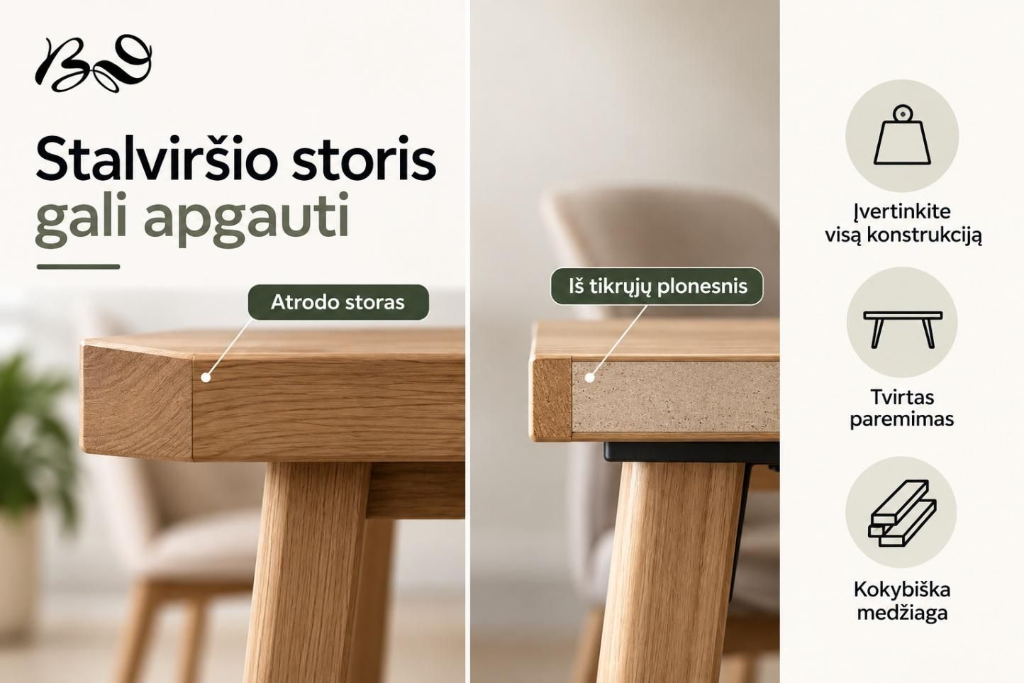 Kaip įvertinti valgomojo stalo stalviršio storį ir konstrukciją